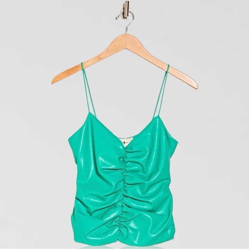 NWT 7 For All Mankind Vegan Leather Ruched Cropped Camisole in “Atlantis” Sz XS